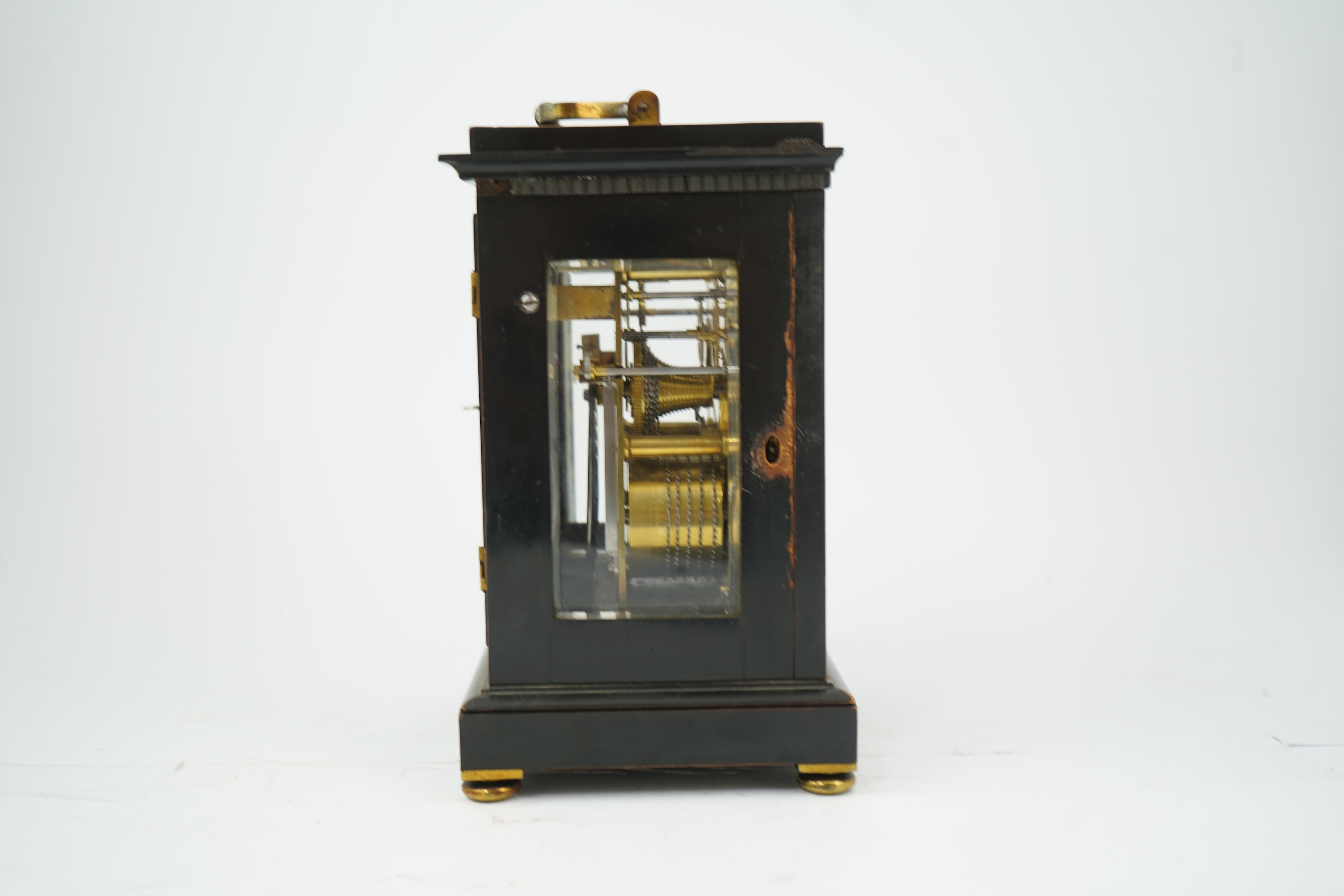 A mid-19th century ebonised double fusee mantel clock by Jacobs and Lucas, 7, Whitefriargate, Hull